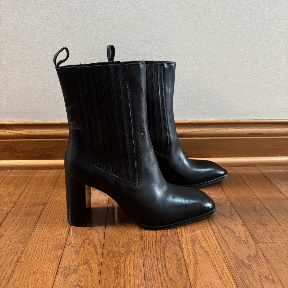 Zara Black Leather Midi Square Toe Boot